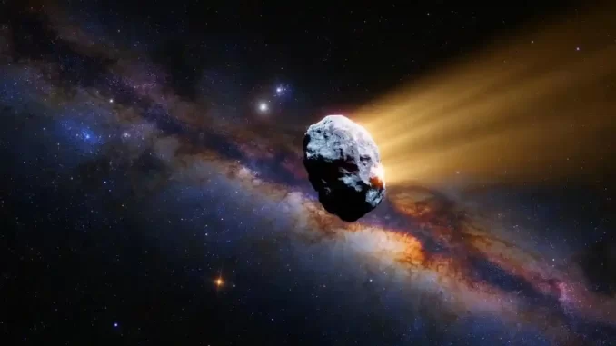 Imagem do Cometa 3I/ATLAS, terceiro visitante interestelar do sistema solar, passando próximo a estrelas e galáxias na vastidão do espaço.