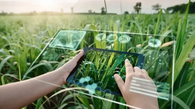 Tecnologia e sustentabilidade no campo com uso de dispositivos digitais e inteligência artificial na agricultura, destacando a integração da inovação para o futuro.