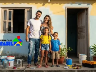 Família feliz ao lado de uma casa reformada com apoio do Programa Reforma Casa Brasil, que oferece juros reduzidos para melhorias habitacionais.