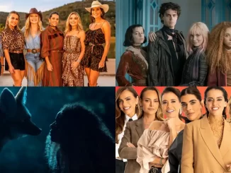 Imagem das prévias de 'Vermelho Sangue' e 'Poderosas do Cerrado' apresentadas pela Globo, com cenas de elenco e personagens femininas em destaque.