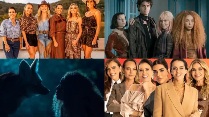 Imagem das prévias de 'Vermelho Sangue' e 'Poderosas do Cerrado' apresentadas pela Globo, com cenas de elenco e personagens femininas em destaque.