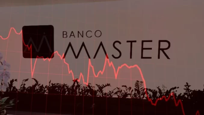 liquidacao-banco-master-recuperar-recursos Imagem relacionada à liquidação do Banco Master, apresentando gráfico de queda e o logo do banco ao fundo, explicando como investidores podem reaver recursos.