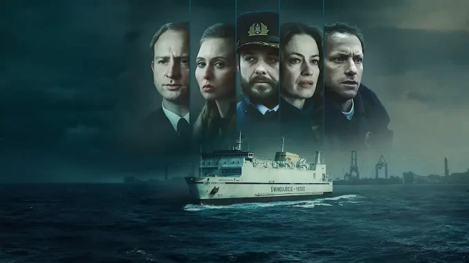 netflix-serie-naufragio-heweliusz-polonia-1993 Imagem promocional da série Netflix sobre o naufrágio Heweliusz na Polônia em 1993, mostrando rostos de personagens e um navio no mar