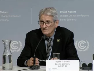 Secretário Valter Correia durante a conferência da COP30 em Belém, destacando a esperança de participação de quase todos os países na reunião que discute mudanças climáticas.