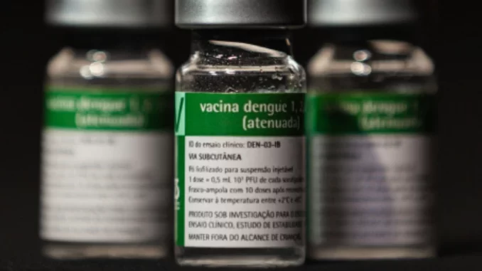 Imagem de frascos da vacina contra a dengue aprovada pela Anvisa, com destaque para o rótulo verde e informações sobre a dose única contra a dengue.