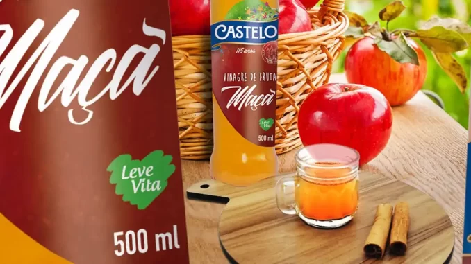 Otimize a imagem do vinagre de maçã Castelo, com maçãs vermelhas ao fundo, garrafa, copo de vidro com vinagre e canelas de frio, relacionado à determinação da Anvisa de recolhimento de lote.