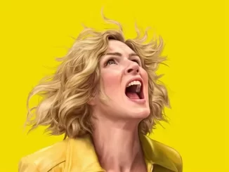 Mulher com cabelo loiro enviando um grito ou expressão de surpresa contra fundo amarelo, relacionada à previsão de Vince Gilligan para a série Pluribus na Apple.