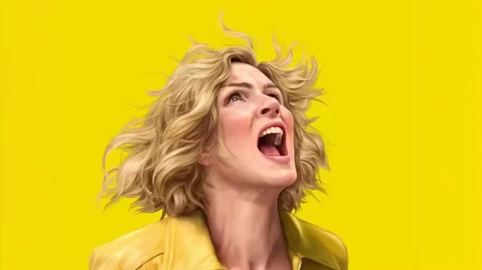 Mulher com cabelo loiro enviando um grito ou expressão de surpresa contra fundo amarelo, relacionada à previsão de Vince Gilligan para a série Pluribus na Apple.
