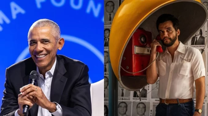 Imagem de Barack Obama sorridente em discurso e personagem de filme de espionagem usando telefone antigo em cabine de rua, relacionados ao filme favorito do ex-presidente.