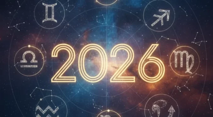 Imagem com símbolos dos signos do zodíaco ao redor do número 2026, indicando os cinco signos com maior evolução pessoal em 2026 segundo a astrologia.