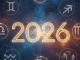 Imagem com símbolos dos signos do zodíaco ao redor do número 2026, indicando os cinco signos com maior evolução pessoal em 2026 segundo a astrologia.