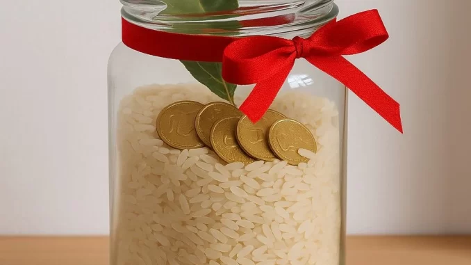 Como colocar arroz no sudeste da casa segundo o Feng Shui para atrair riqueza, por meio de um pote de vidro com arroz, moedas douradas e uma fita vermelha.