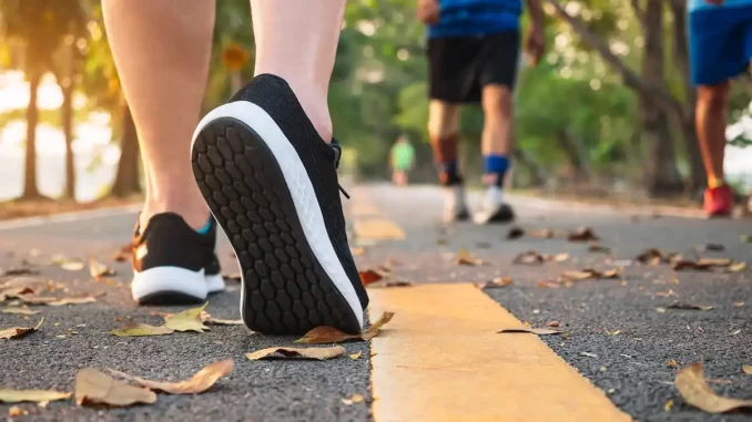 como-a-forma-de-caminhar-revela-sinais-precoces-sobre-a-saude Demonstração de como a forma de caminhar pode revelar sinais precoces sobre a saúde, com pessoas caminhando em parque com folhas ao chão.