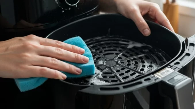 Pessoa limpando uma air fryer com uma esponja azul, demonstrando soluções naturais para a limpeza, remoção de gordura e odores.