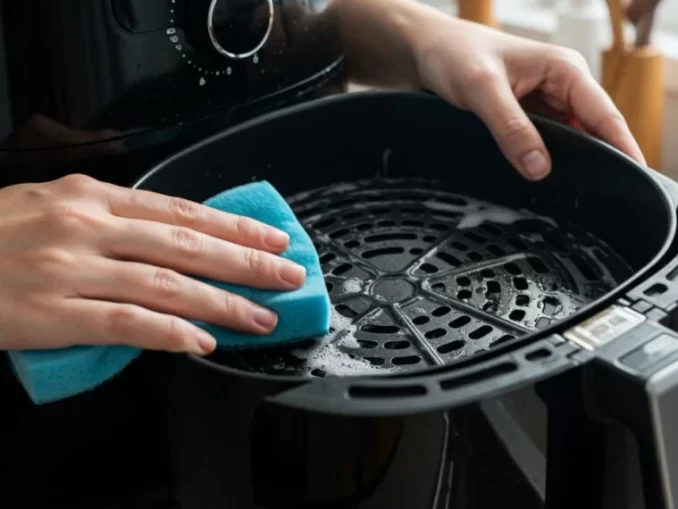 Pessoa limpando uma air fryer com uma esponja azul, demonstrando soluções naturais para a limpeza, remoção de gordura e odores.