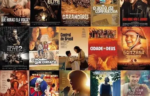 Imagem com diversas capas de filmes brasileiros, relacionadas à prorrogação da cota mínima de tela nos cinemas brasileiros até 2026, promovendo a cultura cinematográfica nacional.