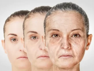 Evolução do envelhecimento facial ao longo da vida mostra picos de envelhecimento acelerado aos 44 e 60 anos, ilustrando impacto do envelhecimento na pele.