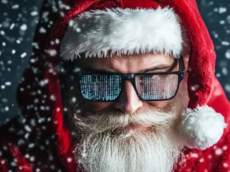 Homem com barba branca, óculos escuros com códigos de computador refletidos, vestindo traje de Papai Noel, no fundo de neve caindo, simbolizando o período crítico para ataques cibernéticos no Brasil no final do ano.