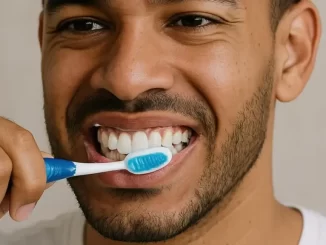 Homem escovando os dentes antes de tomar café, destacando a importância da higiene bucal conforme recomendação de dentistas sobre escovar os dentes antes ou depois do café.
