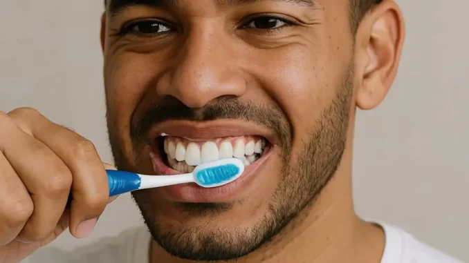 Homem escovando os dentes antes de tomar café, destacando a importância da higiene bucal conforme recomendação de dentistas sobre escovar os dentes antes ou depois do café.