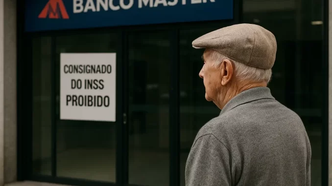 inss-bloqueia-repasses-de-consignados-do-banco-master-por-falhas-jpg Senhor idoso observando sinal de proibição de consignados do INSS na frente de uma agência do Banco Master, em decorrência de bloqueios por falhas.