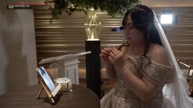 Mulher japonesa realiza casamento virtual com noivo criado por inteligência artificial, usando óculos de realidade aumentada durante cerimônia íntima.