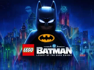 Imagem do LEGO Batman no estilo de 'O Legado do Cavaleiro das Trevas' que será lançado em maio de 2026, com uma cidade futurista ao fundo.