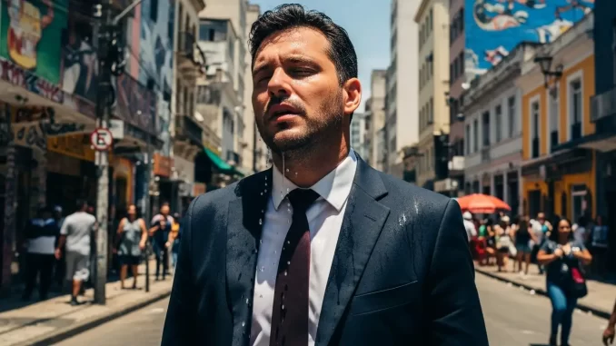 Homem usando terno e gravata, liberados pela Lei do Paletó, caminhando em rua do Rio de Janeiro durante verão, refletindo a nova moda no estado.