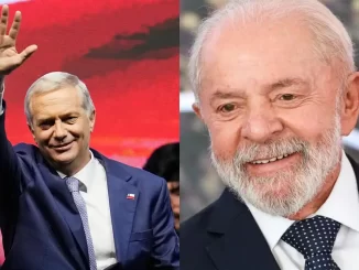 Imagem de Lula parabenizando José Antonio Kast pela vitória nas eleições chilenas, destacando a troca de cumprimentos entre ambos, simbolizando respeito e reconhecimento.
