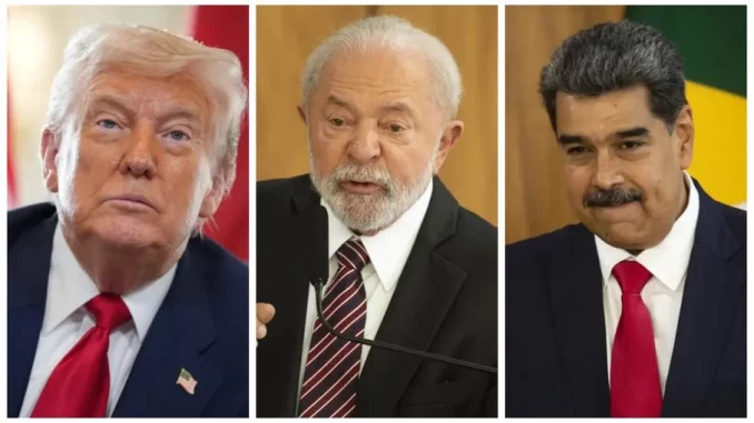 lula-trump-america-latina-zona-de-paz Imagem de Donald Trump, Luiz Inácio Lula da Silva e Nicolás Maduro juntos, representando a política da América Latina como zona de paz, não de guerra, conforme discurso de líderes sul-americanos.