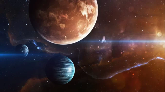 Ilustração do movimento retrógrado dos planetas no céu, destacando a ilusão observada na astronomia com planetas em diferentes posições cósmicas.