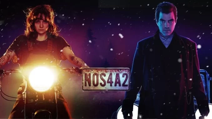 nos4a2-serie-vampiros-netflix Imagem promocional da série NOS4A2 na Netflix, mostrando uma mulher na moto e um homem ao lado, com foco no cartel com o nome da série, relacionada ao universo de vampiros.