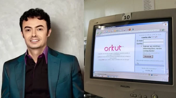 orkutbuyukkokten-planeja-nova-rede-social-conexao-curapng Imagem de Orkut Büyükkökten ao lado de um computador antigo exibindo a tela de login do Orkut, com foco na inovação da rede social para conexão e cura.