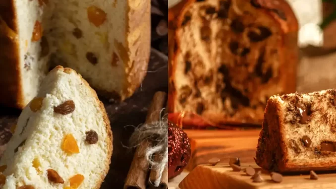 panetone-vs-chocotone-calorias-natal Comparação entre panetone e chocotone, destacando qual tem menos calorias para a escolha no Natal, com imagens de ambos os bolos e ingredientes.