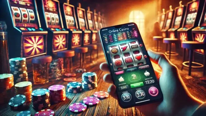 Imagem de um cassino com máquinas de caça-níqueis ao fundo e uma mão segurando um smartphone com jogo de apostas na tela, relacionada ao aumento de impostos sobre fintechs e apostas, aprovado pelo Senado.