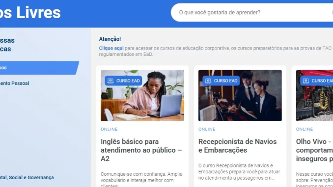 Imagem ilustrativa do site do SEST SENAT oferecendo mais de 150 cursos online gratuitos para diversas áreas, destacando a variedade de opções de formação profissional e desenvolvimento.