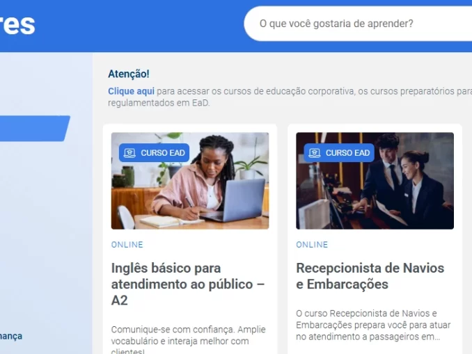 Imagem ilustrativa do site do SEST SENAT oferecendo mais de 150 cursos online gratuitos para diversas áreas, destacando a variedade de opções de formação profissional e desenvolvimento.