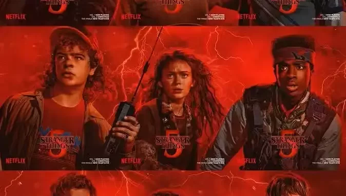 stranger-things-5-novas-imagens-personagens-grande-momento Novas imagens de Stranger Things 5 mostram os personagens principais com um fundo dramático de céu vermelho e raios, indicando um grande momento na temporada.
