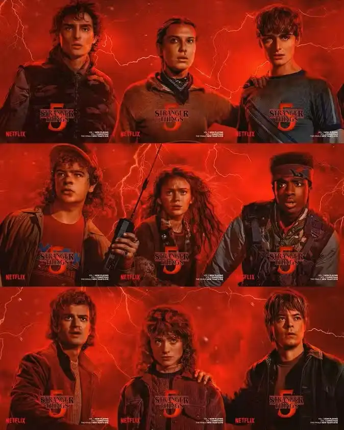 Novas imagens de Stranger Things 5 mostram os personagens principais com um fundo dramático de céu vermelho e raios, indicando um grande momento na temporada.
