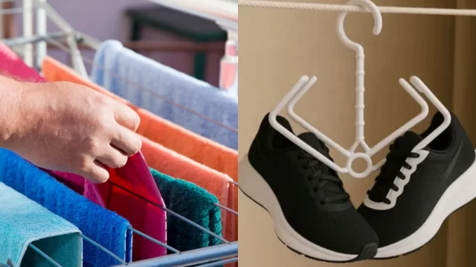 Dicas de estratégias práticas para secar toalhas coloridas no varal e sapatos com cabides em dias chuvosos, garantindo agilidade na secagem.
