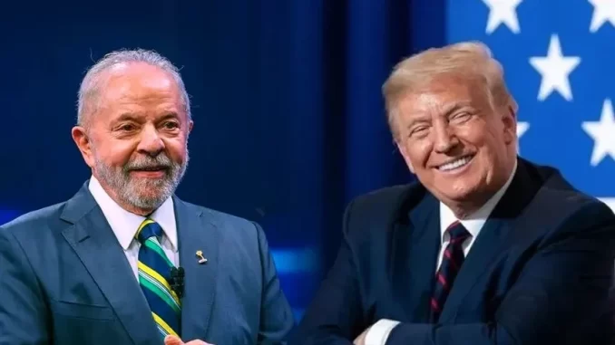 trump-lula-conversa-tarifas-eua-brasil Imagem de Donald Trump e Luiz Inácio Lula da Silva sorrindo durante conversa, com destaque para a relação diplomática entre EUA e Brasil após discussão sobre tarifas.