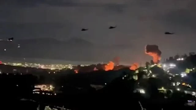 Imagem de protesto com fogo e aeronaves, representando condenação da ofensiva militar dos EUA na Venezuela por países como Brasil e outros cinco na América do Sul.