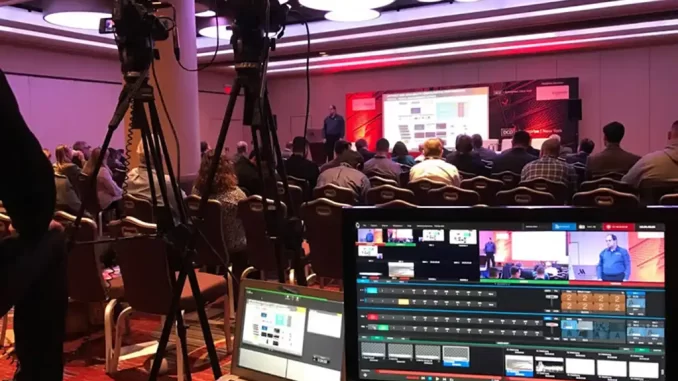 Conferência sobre tendências de live marketing em 2026, com apresentador e público no auditório, equipe de produção e equipamentos de gravação em destaque.