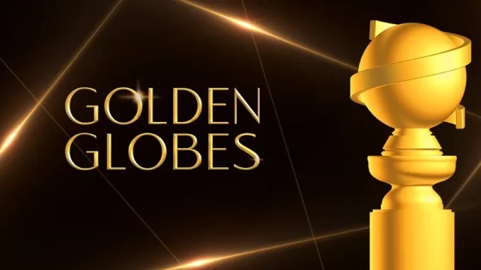 Imagem promocional do Globo de Ouro 2026 com o logo 'Golden Globes' e uma taça dourada, destacando a transmissão ao vivo na TV aberta pela Globo.