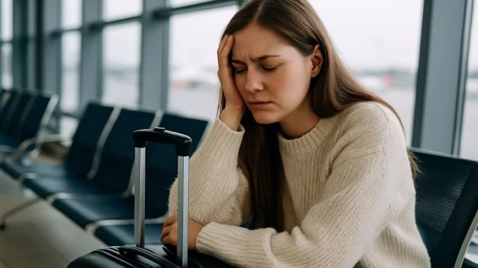 Mulher no aeroporto aflita segurando a cabeça com uma mala ao lado, ilustrando riscos de golpes de viagem em determinados momentos e locais.