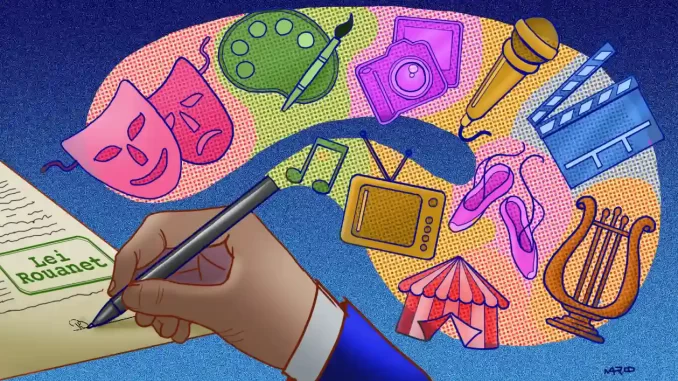 Ilustração colorida mostrando uma mão assinando um documento da Lei Rouanet, rodeada por ícones de artes como teatro, música, cinema e dança, representando o impacto financeiro de R$ 7,59 para cada real investido na Lei Rouanet.