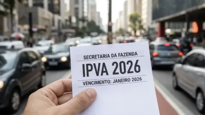Pessoa segurando documento de IPVA 2026 com prazo de pagamento em janeiro de 2026, em rua movimentada de São Paulo, destacando o tema pagamento de IPVA 2026 em SP.