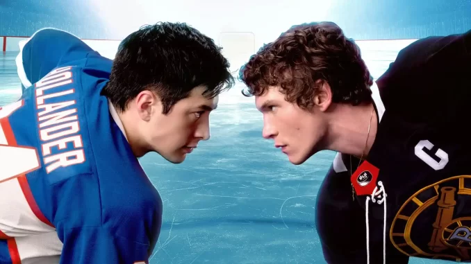 Cena da segunda temporada de Heated Rivalry, onde dois atletas enfrentam-se frente a frente em uma confrontação intensa.