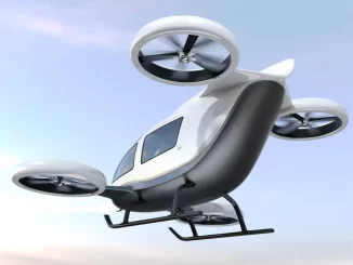 Imagem de um carro voador futurista, com design inovador e hélices, representando a criação de uma categoria específica de habilitação para pilotos de carros voadores pela ANAC.