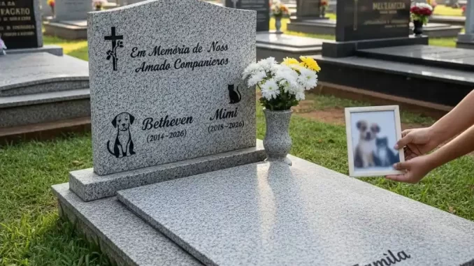 Cemitério em São Paulo autorizado para sepultamento de cães e gatos em jazigos familiares, com demonstração de um túmulo de animais decorado com flores e uma foto do pet.